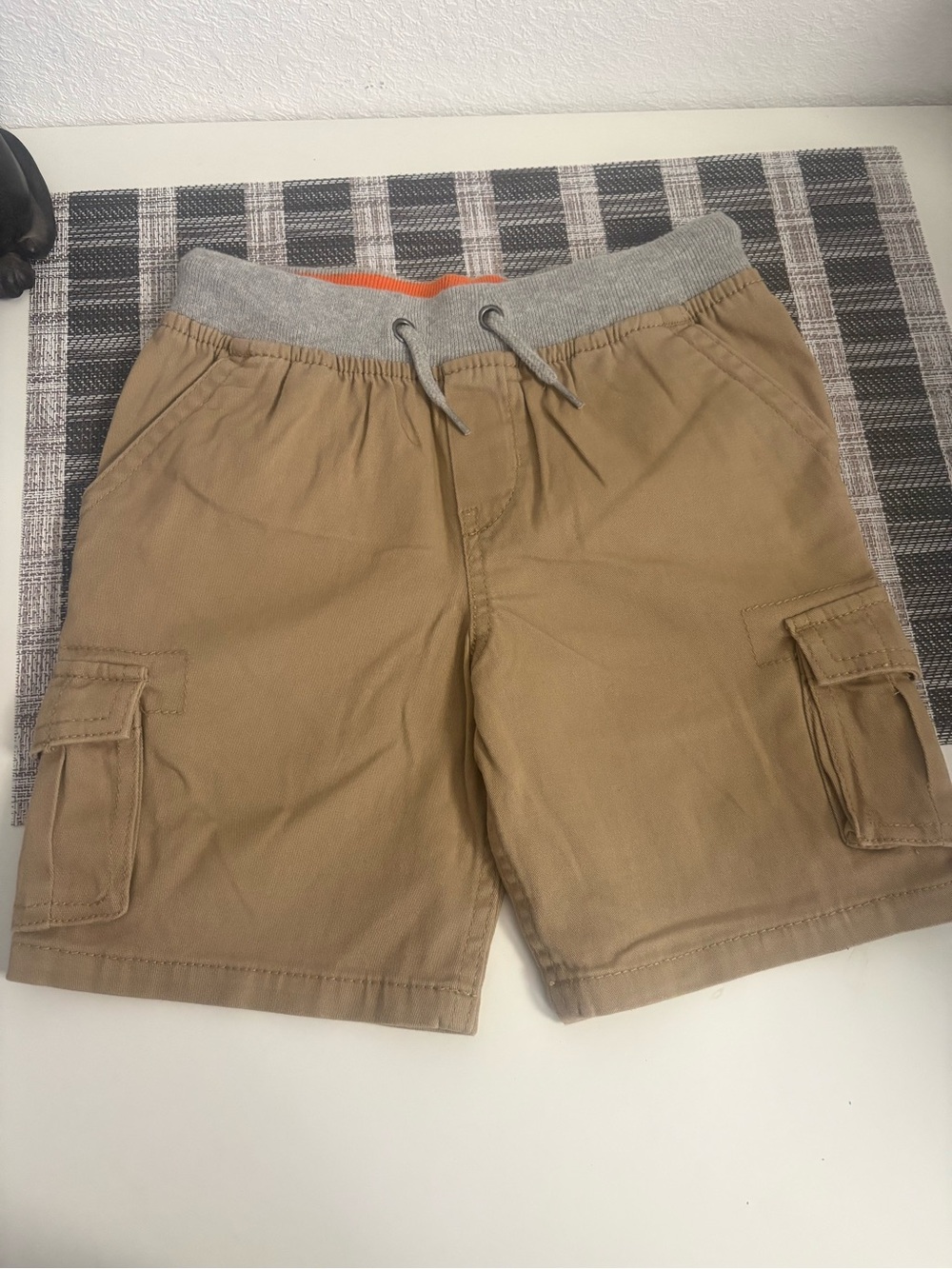 Kids Drawstring Cargo Shorts in Khaki with Gray Waistband